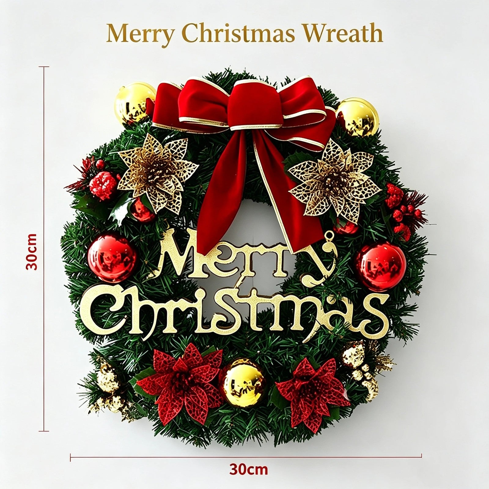 30CM Christmas Wreath With Bow Front Door Wreath Garland Xmas Hanging Decor UK