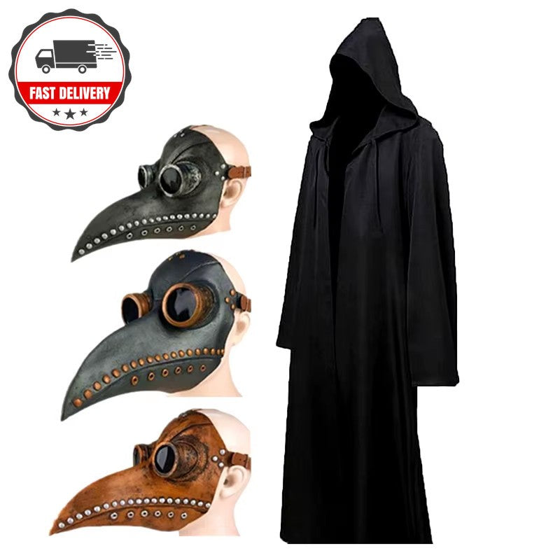 Halloween Plague Doctor Mask Cosplay Costume Set - Adult & Child Black Robe