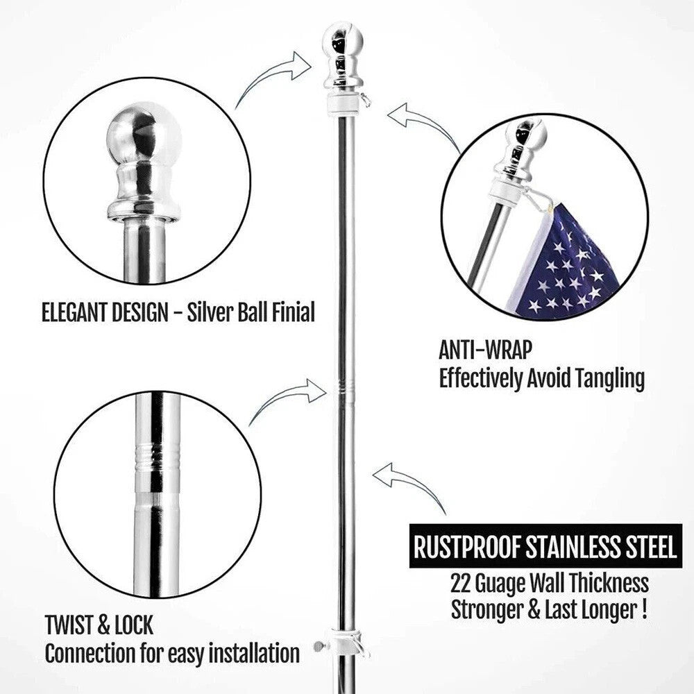 6ft Flag Pole Stainless Wall Mountable Tangle Free Rings Heavy Duty Rustproof UK