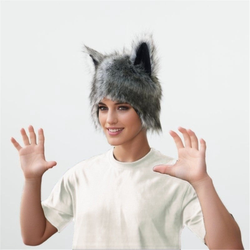 Animal Ear Hooded Cap Plush Winter Windproof Hat Adult Cosplay Event Dressingup