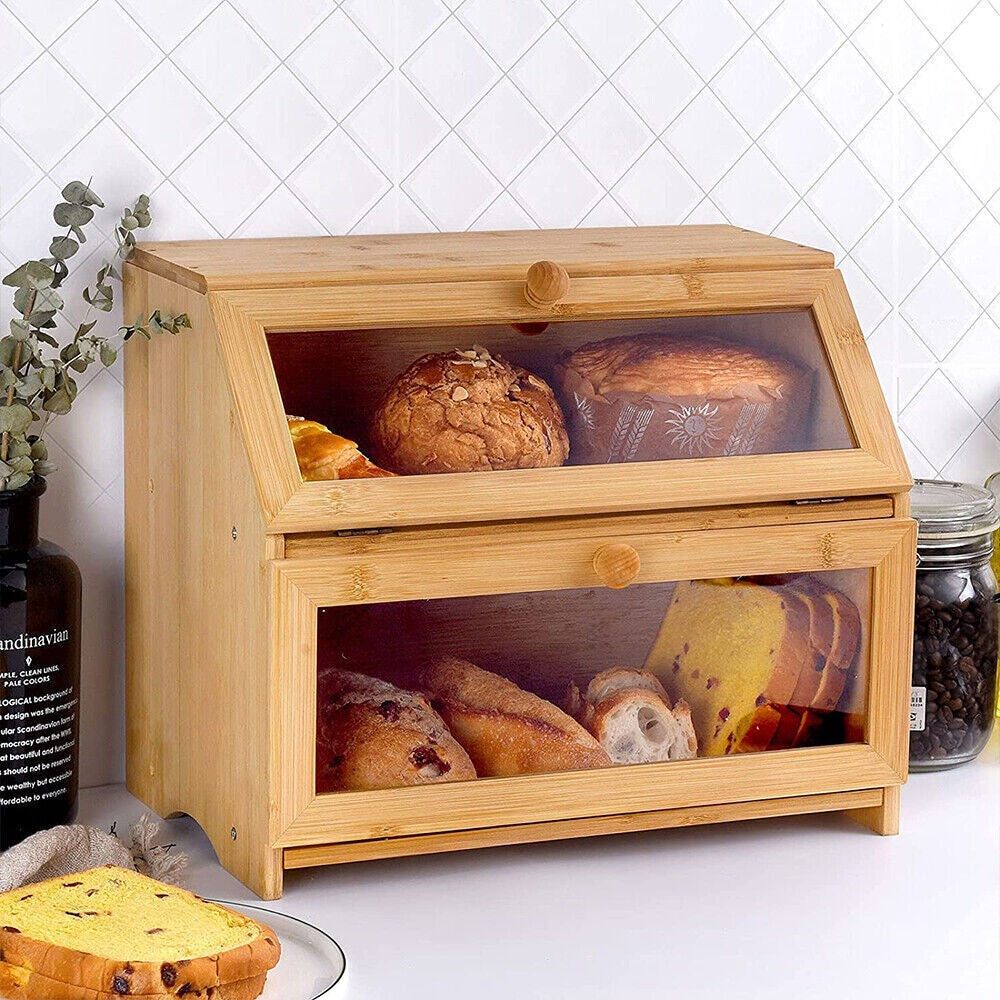 2 Tier Bamboo Bread Bin Double Layer Kitchen Storage Container Loaf Bread Box UK