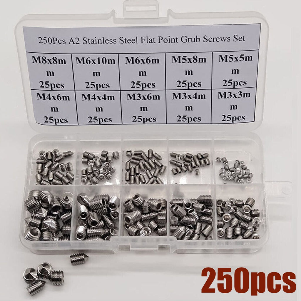 M3-M8 250PCS Stainless Steel Cone Point Grub Screws Hex Socket Set Screw Kit Set