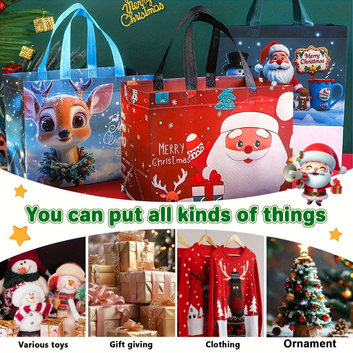 Xmas 16Pack Large Gift Bags Reusable Non‑Woven Christmas Party Tote With Handles