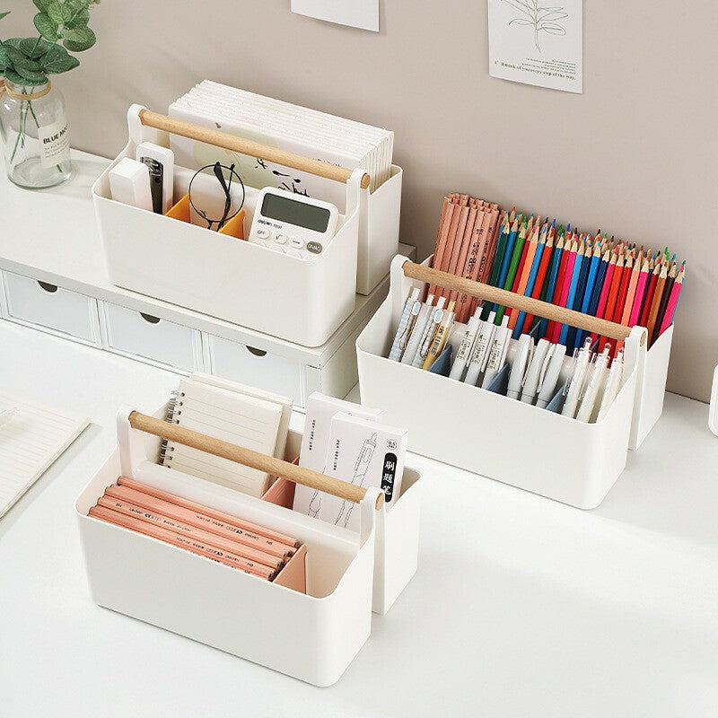 Stationery Pen Compartment Storage Box Wooden Handle Remote Control Storage Box