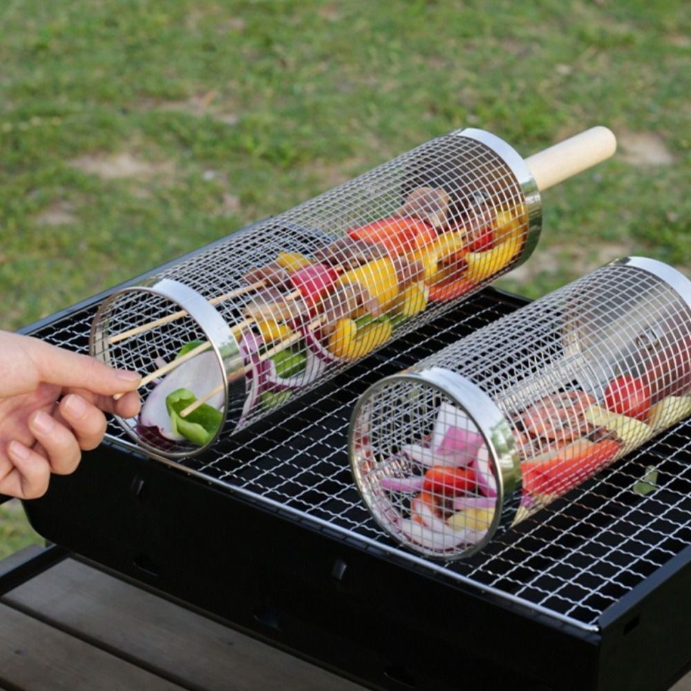 Rolling Grill Basket BBQ Net Tube Cylinder BBQ Grilling Meat Vegetable Cage UK