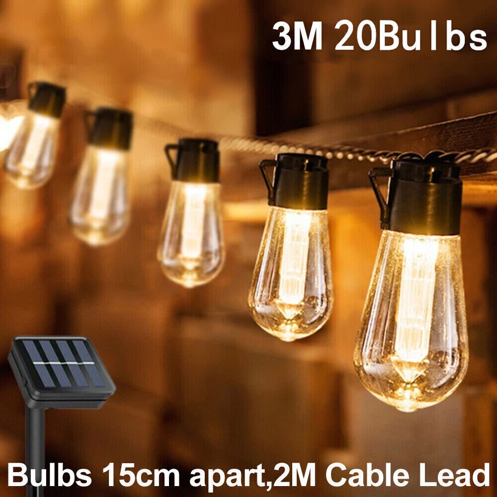 LED Solar Powered Retro Bulb String Lights Garden Outdoor Fairy Summer Lamps NEW