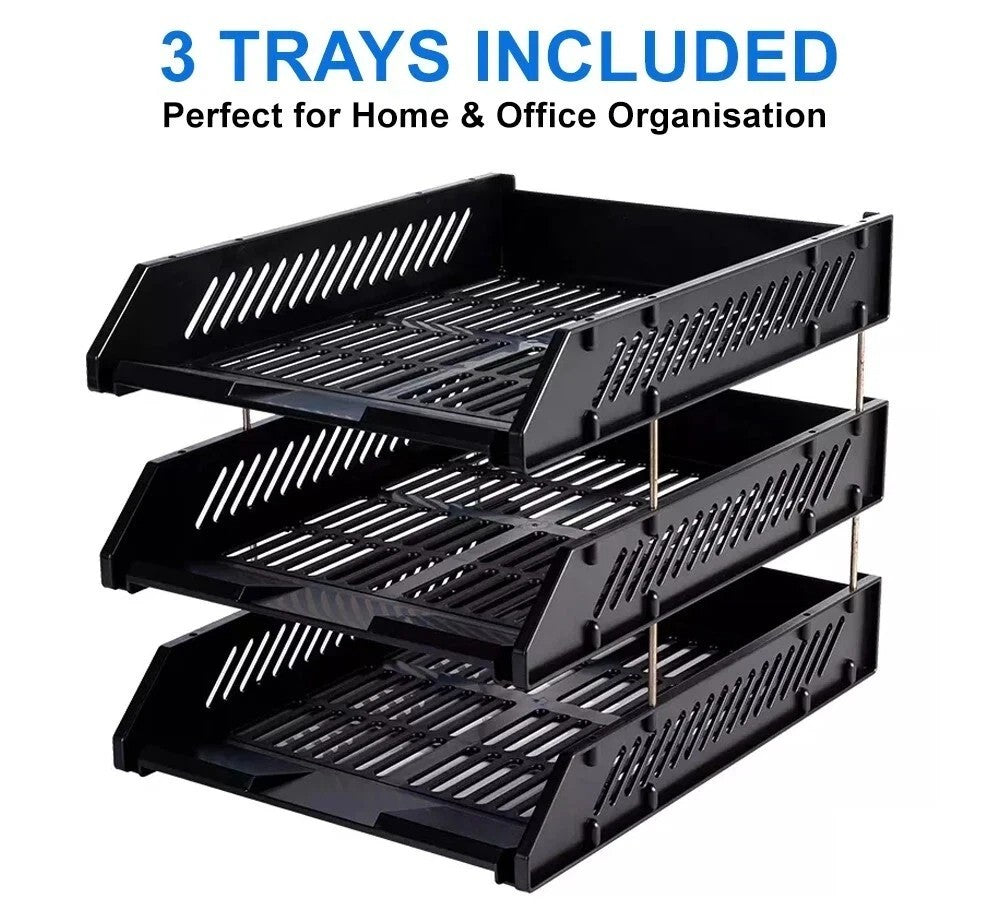 3 Tier Stackable Desk Black A4 Letter Tray Filing Document Organiser Form Paper