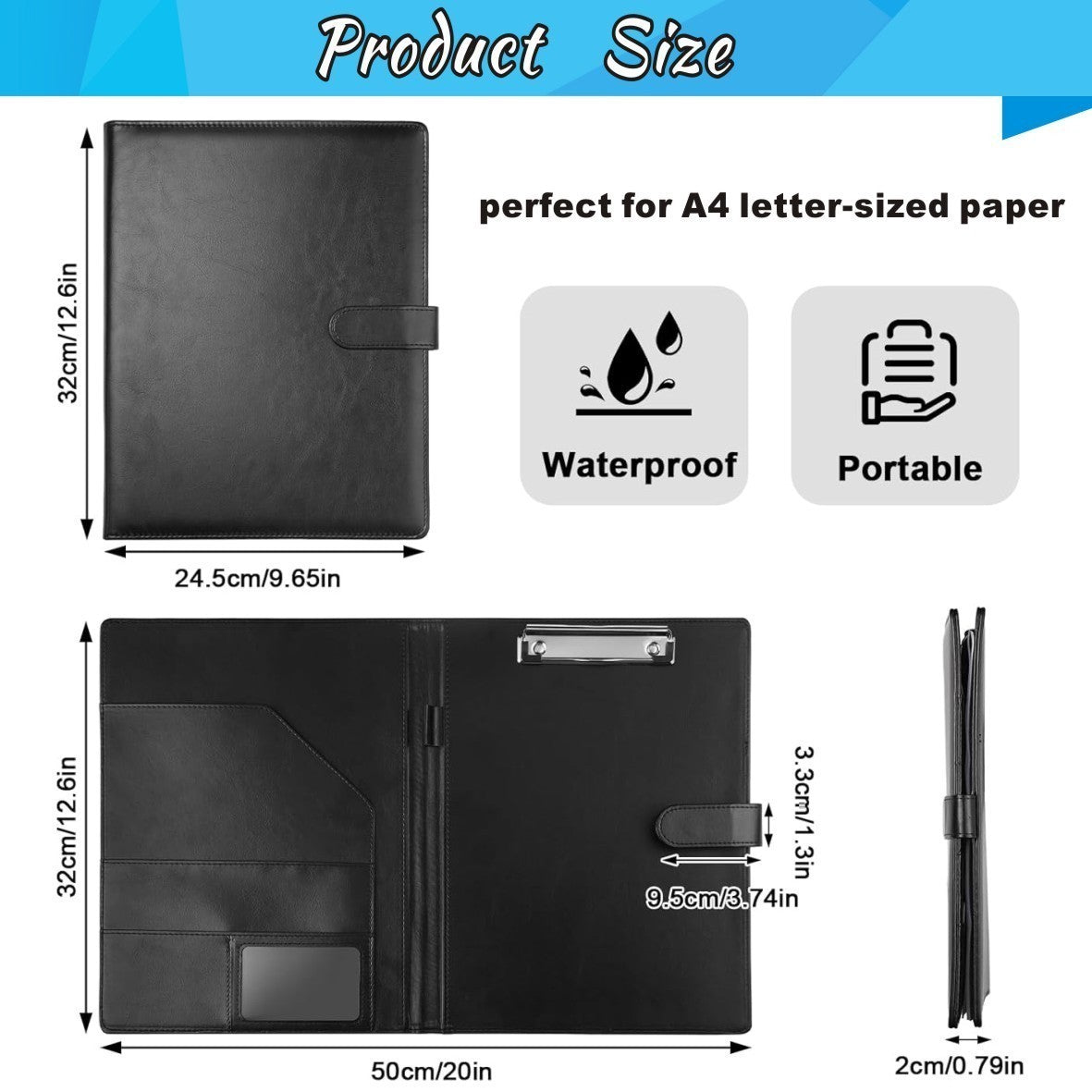 A4 PU Leather Clipboard Folder Waterproof Magnetic Clip Board W/Storage Pocket