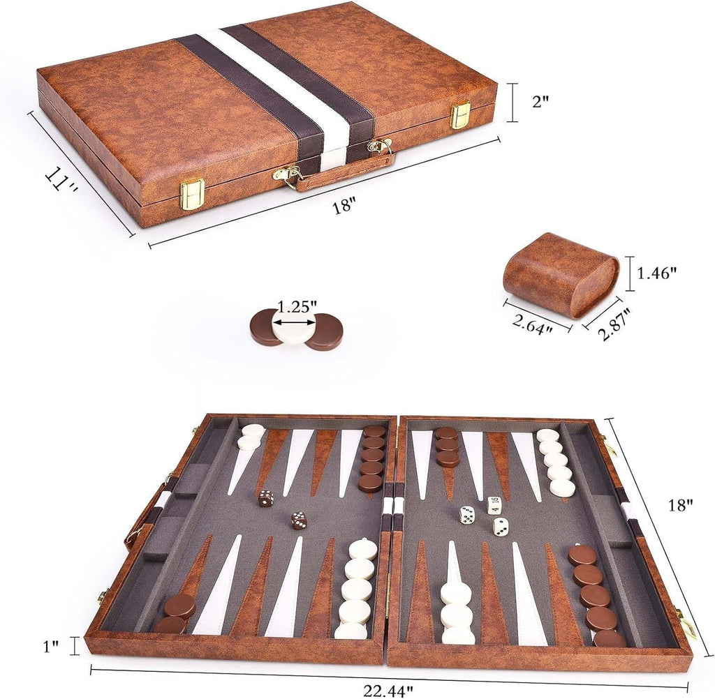18″ Premium Leather Backgammon Board Game Set for Adults Kids Classic Game