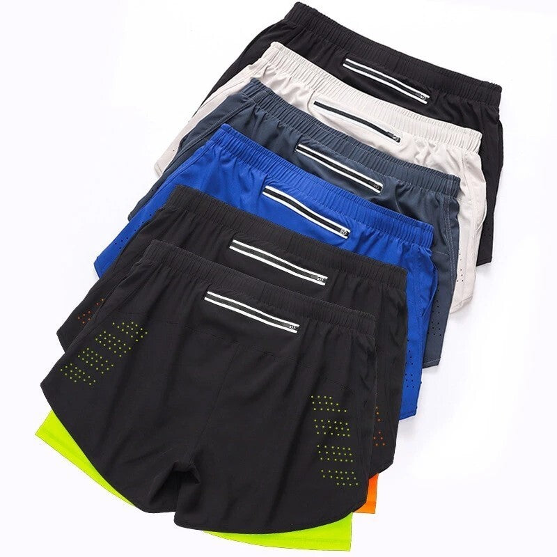 Mens Running Shorts Quick-Drying Fitness Black Double Layer Shorts Men Sport