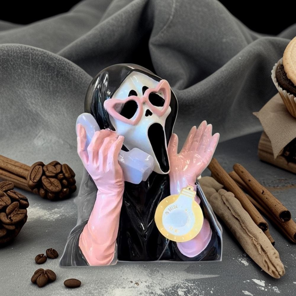 2026 Ghoulish Resin Light Up Halloween Pink/Black Scream Ghost Face Statue Decor