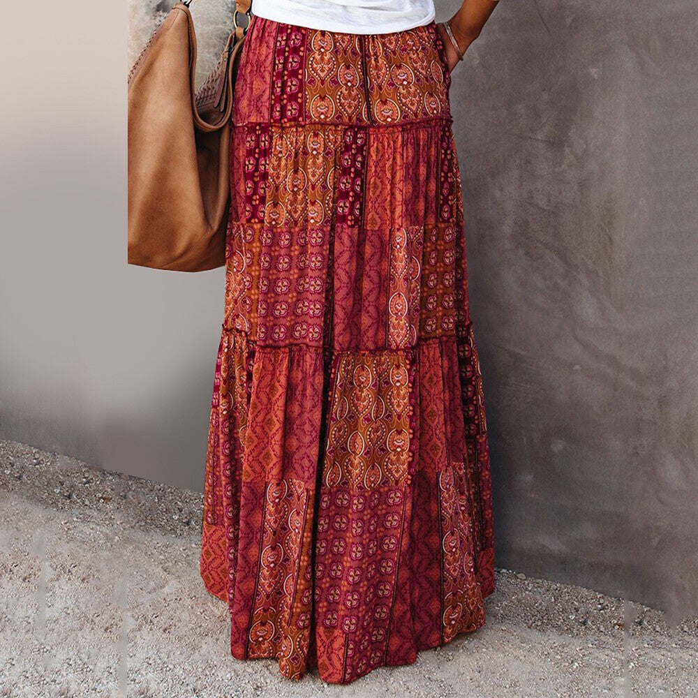 Women Bohemian High Waist Long Skirt Ladies Holiday Swing Baggy Boho Maxi Skirts