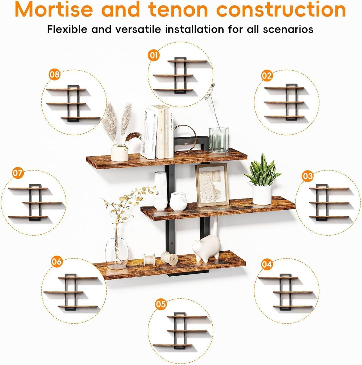 Wooden Floating Shelves 3-Tier Wall Display Racks 50cm with Metal Brackets UK