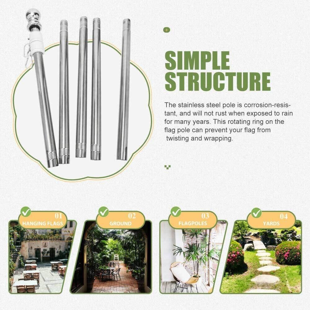 Heavy Duty Adjustable Flag Pole Kit 6FT, Stainless with Free Rings & Outdoor