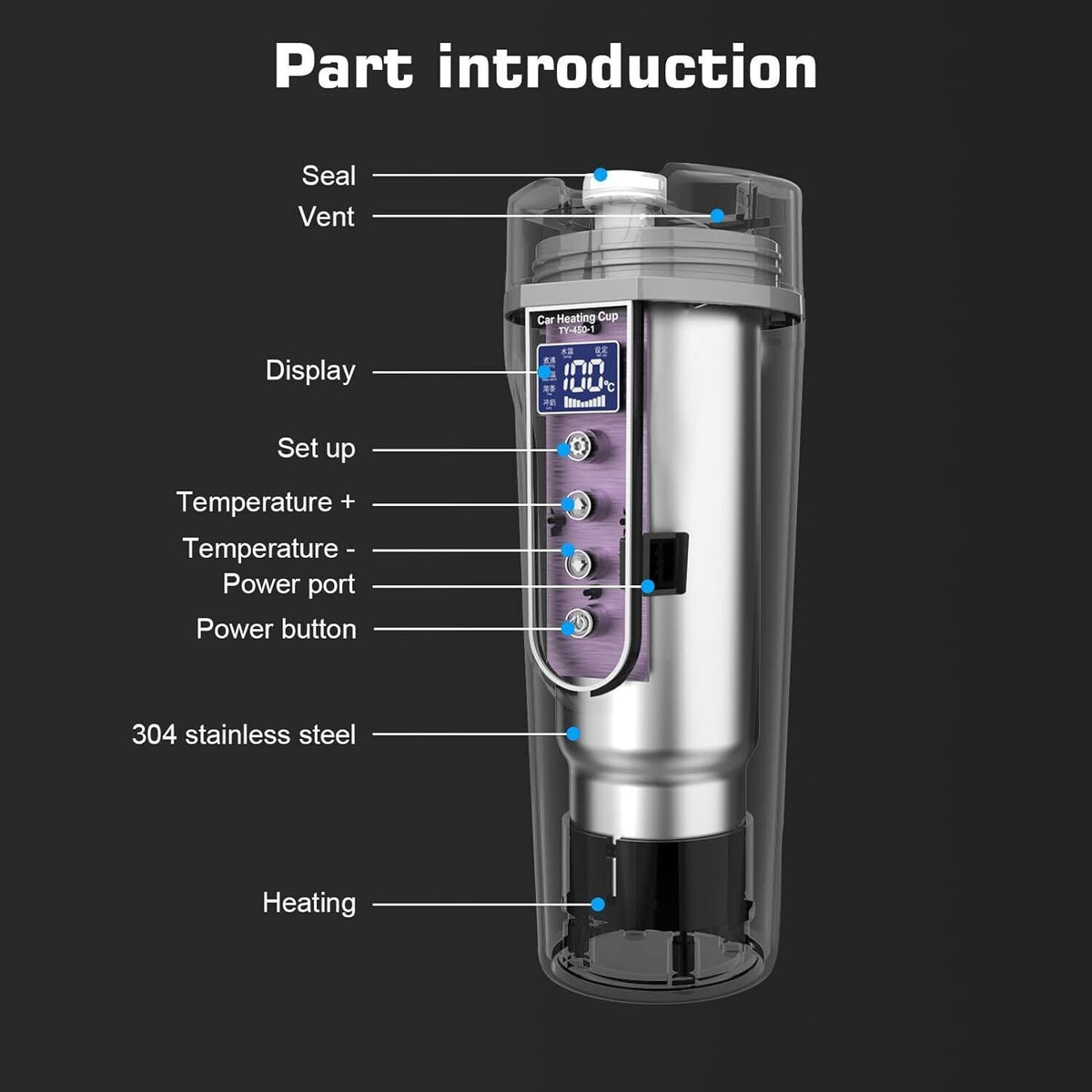 Electric Car Kettle 12V/24V Heating Cup Touch Control 500ml Portable Digital