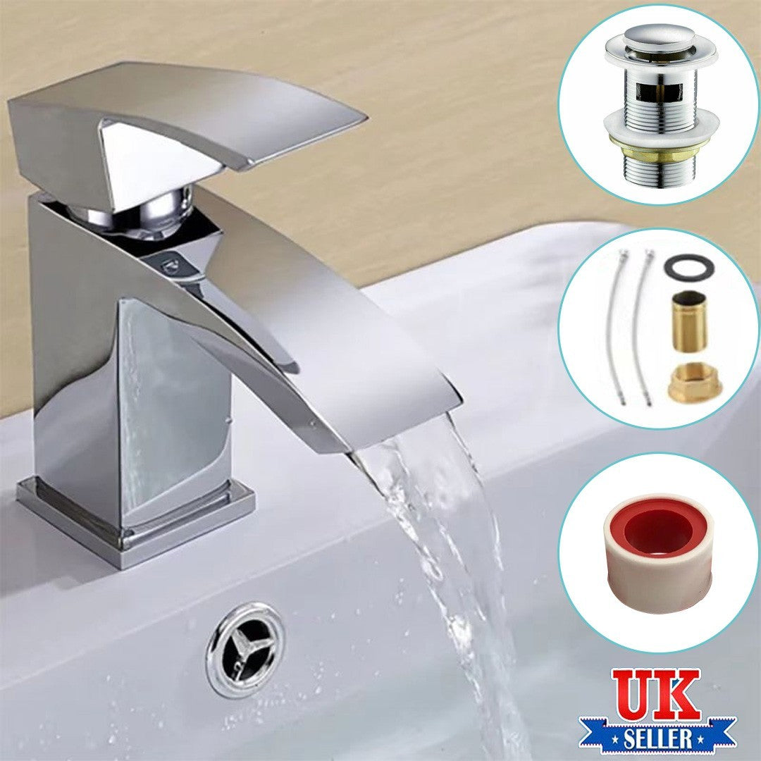 Waterfall Bathroom Sink Tap Cloakroom Basin Mixer Chrome Mono Faucet + Waste Set