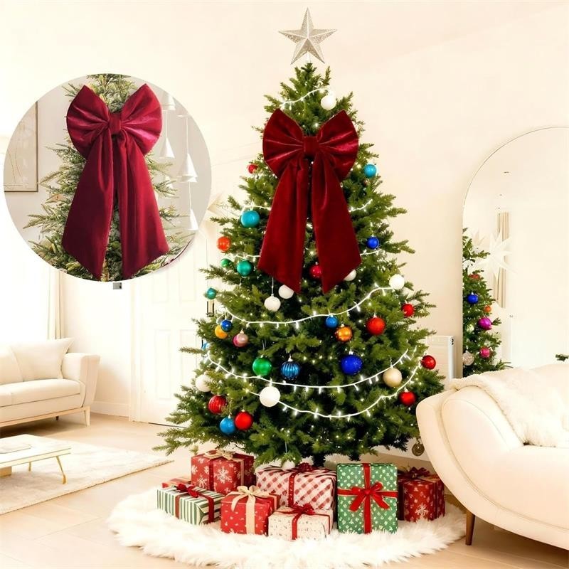 90cm Large Velvet Bowknot Christmas Tree Topper Retro Wine Red Bow Ornament