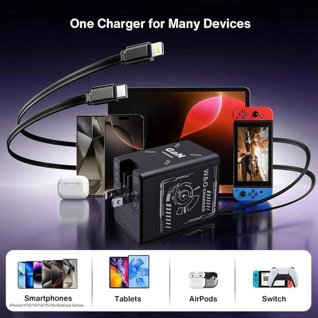 W&O 120W 2 in 1 GaN Wall Charger Retractable Type C Fast Charging Cable