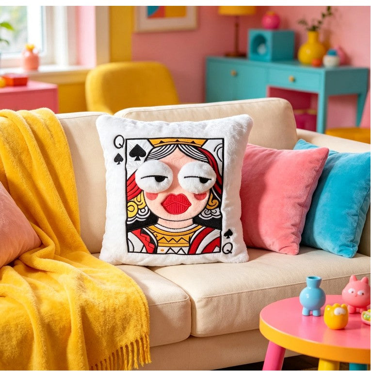 Adorable Plush Embroidered Poker Queen Cushion Soft Bed Pillow