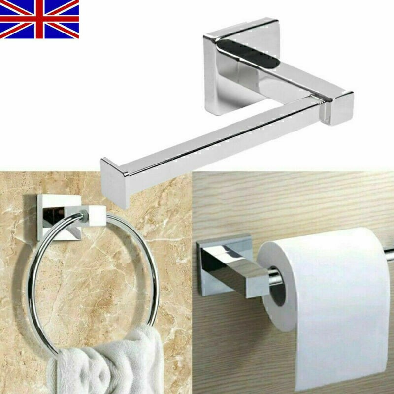 Polished Chrome Bathroom Toilet Roll Holder and Towel Ring Set Fittings