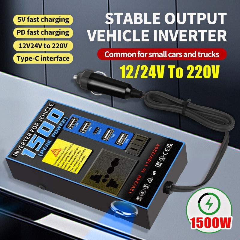 1500W Car Power Inverter Converter Adapter 12/24V to 220V1 Type-C USB 4 Socket