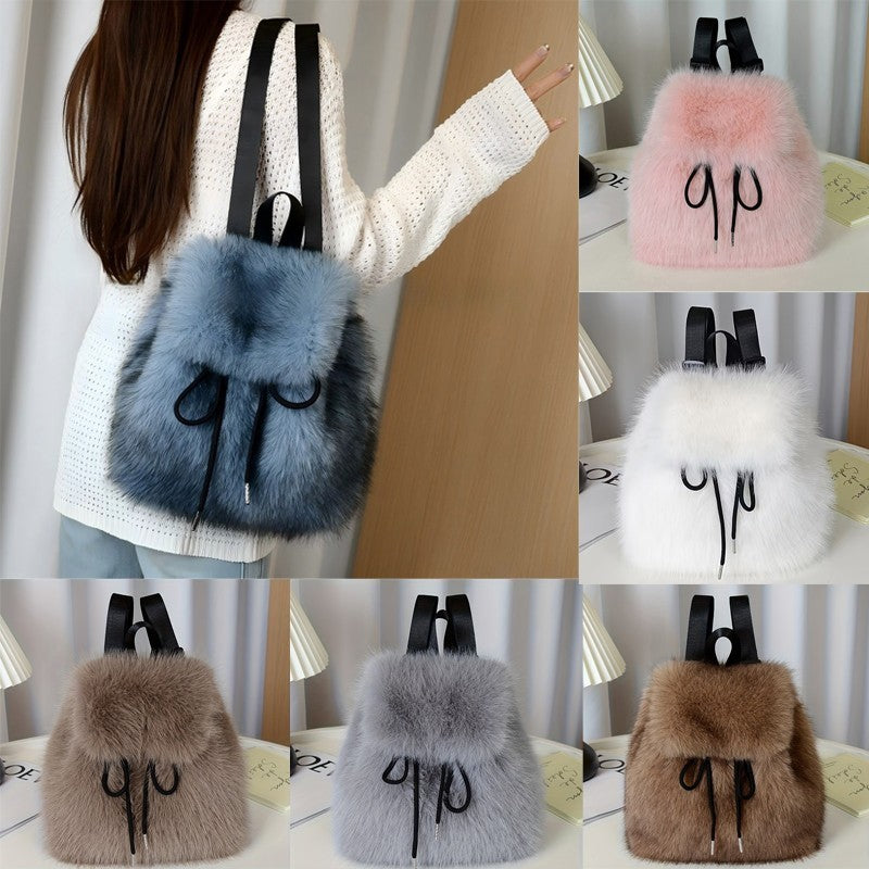 Faux Fur Backpack for Women Casual Drawstring Flap Closure Adjustable Strap Bag