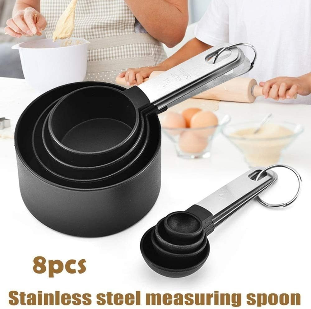 8-Piece Black Measuring Cups & Spoons Set Stainless Steel Handles Baking Cooking