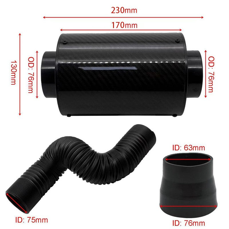 Car Cold Air Filter 3" Universal Feed Enclosed Induction Intake Pipe Hose Kit