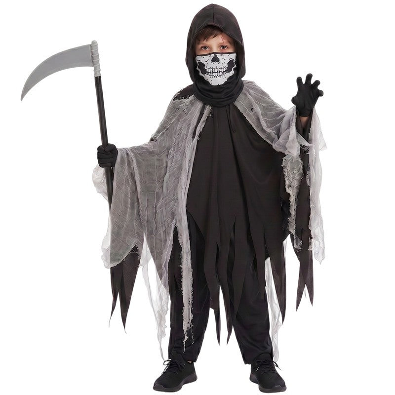 2026 New Kids' Death God Costume Mesh Hooded Cape Mask Gloves and Scythe Set UK
