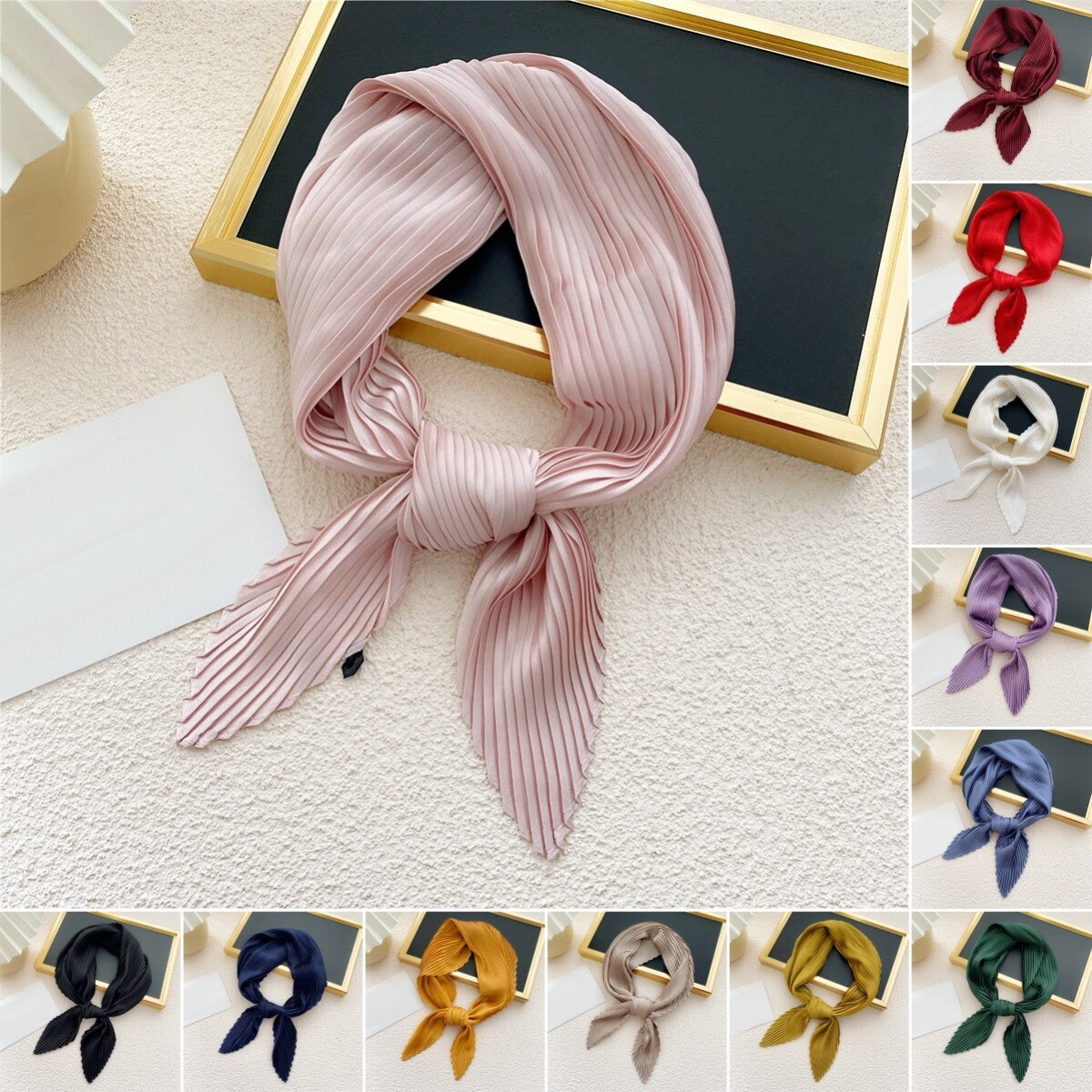 Wrinkled Small Scarf Women's Thin Scarves Pleated Neck Cover Scarves Solid Color