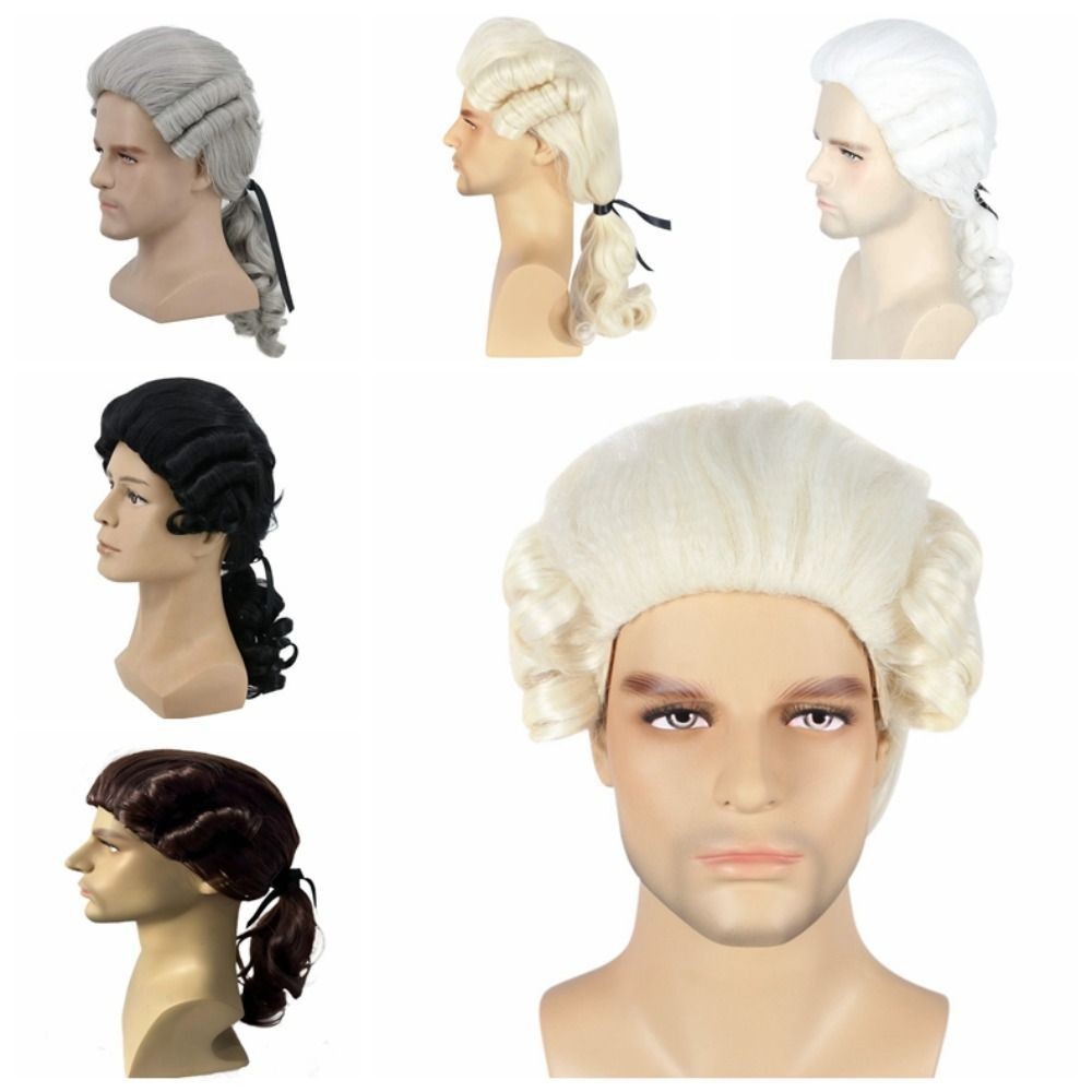 Lawyer Judge Baroque Cosplay Curly Wig Grey White Black Men Synthetic Wigs