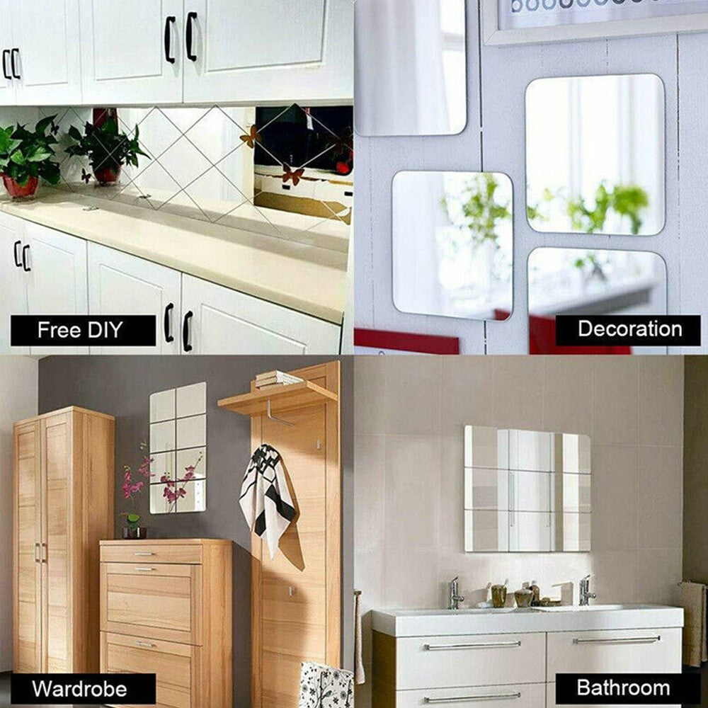 16Pcs Mirror Tiles Wall Sticker Self Adhesive Square Stick On Art Home Decor