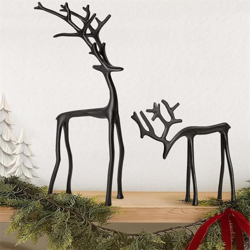 Set of 2 Black Reindeer Statues - Modern Xmas Figurines - Elegant Indoor Holiday