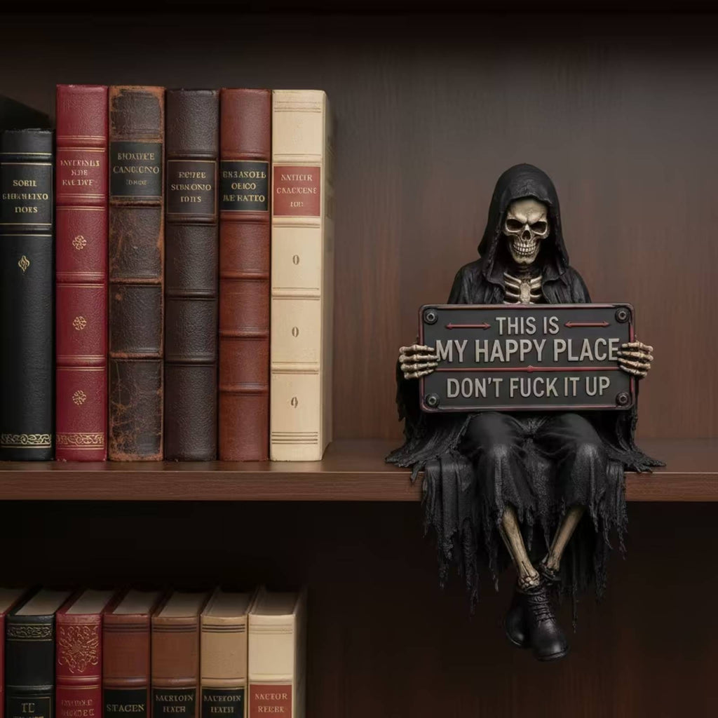 Skeleton Statue with Sign Tabletop Grim Reaper Statue Dark for Bookshelf, Goths