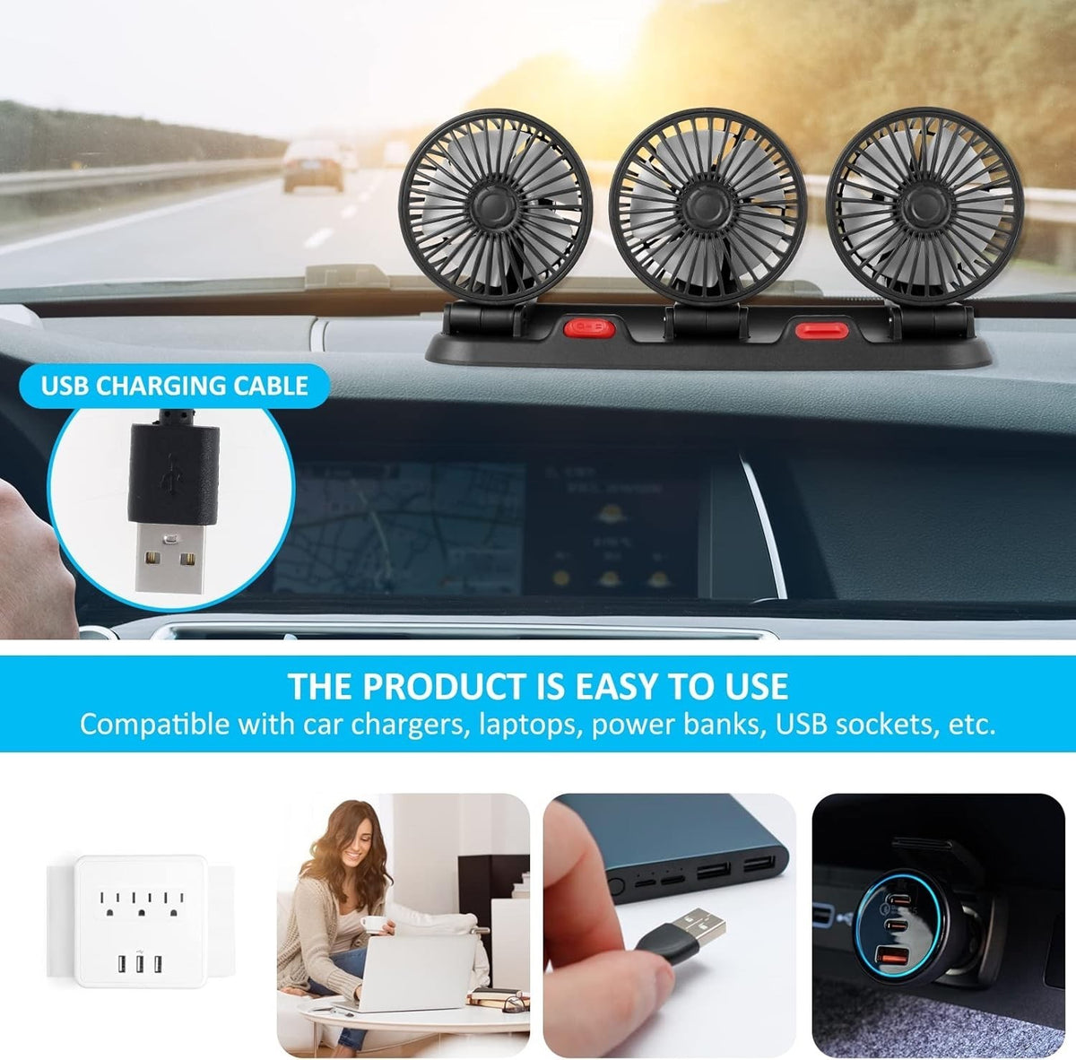 USB Double Car Fan 2 Speed 360° Quiet Mini Cooling Fan for SUV Truck Office