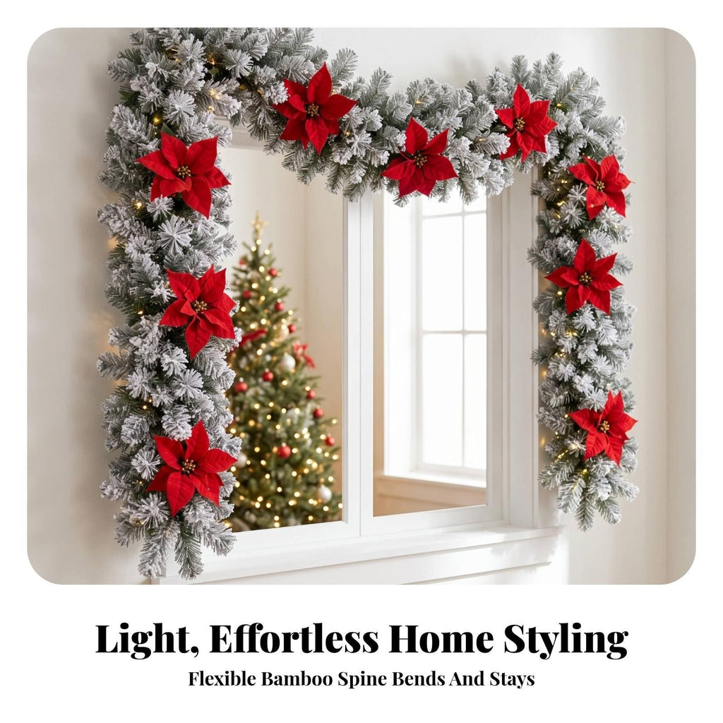 Fir Garland with Poinsettias Winter Decorations Flexible for Mantel