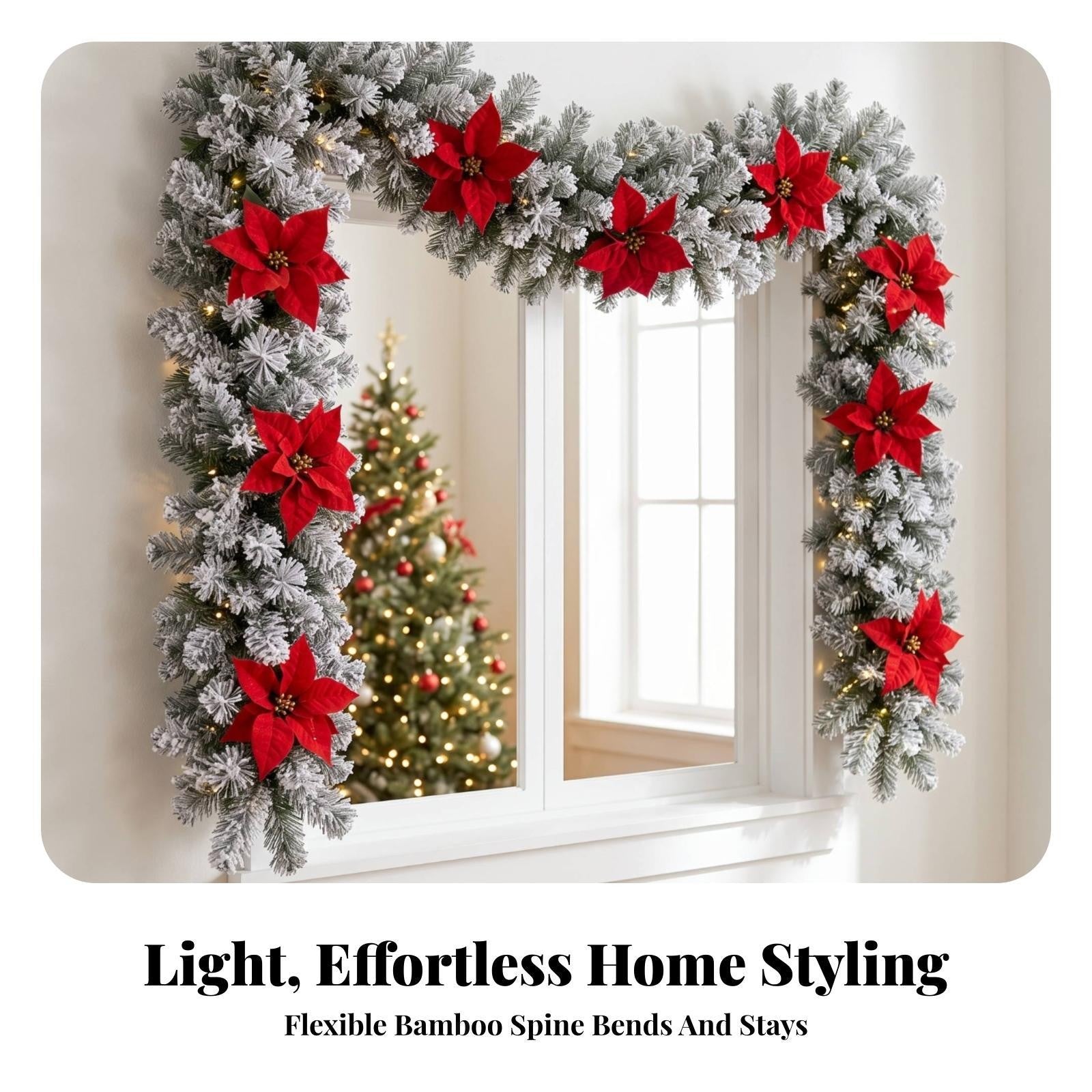 Fir Garland with Poinsettias Winter Decorations Flexible for Mantel