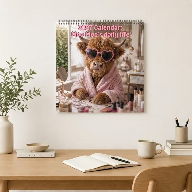 Highland Cow Calendar 2027, Watercolour Cows Monthly Planner Scottish Wall Decor