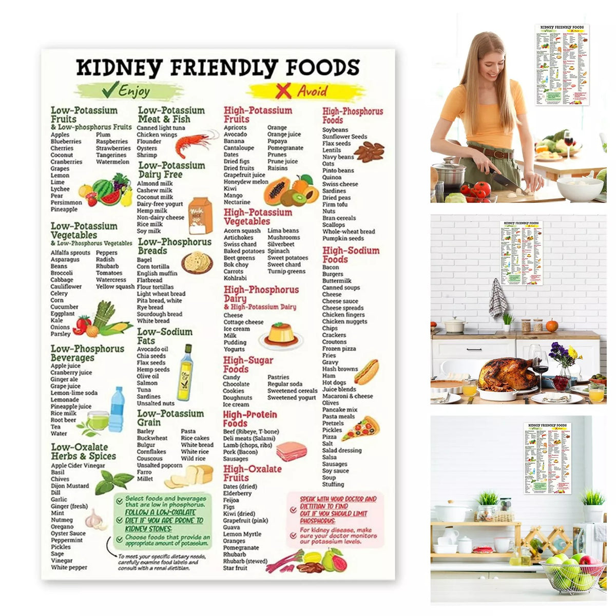 Kidney Friendly Food List Poster,Unframed Kidney Awareness Kidney Diet List
