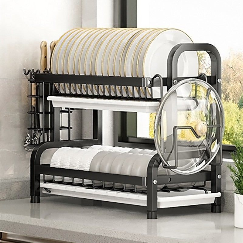 2 Tiers Large Dish Drainer Plate Rack Dryer Knives Cutlery Holder with Drip Tray