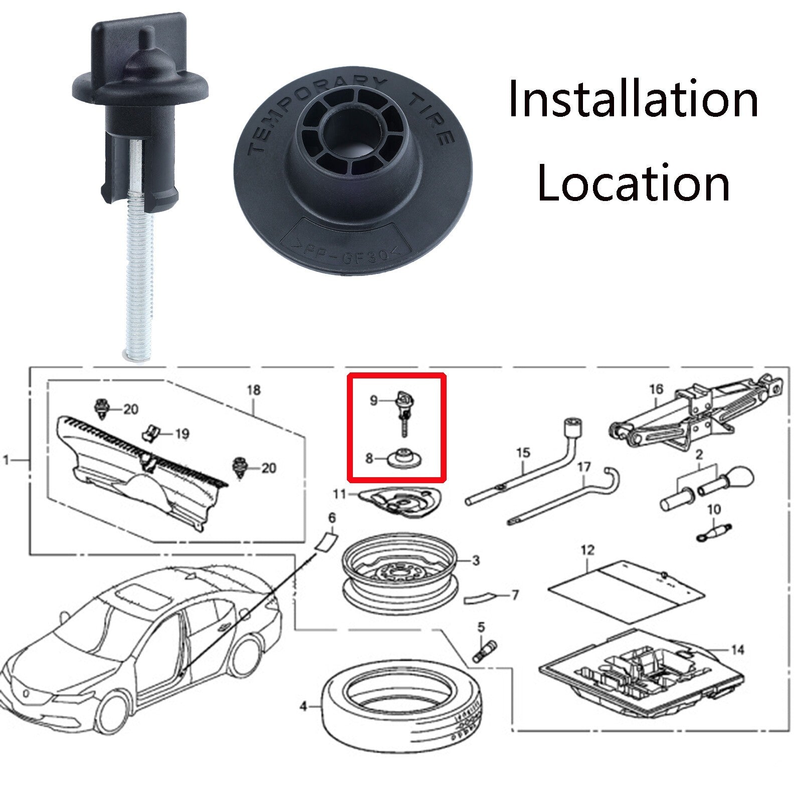 For Honda Accord Civic CR-V Insight Bolt Adapter Spare Tire Wheel Mounting Screw