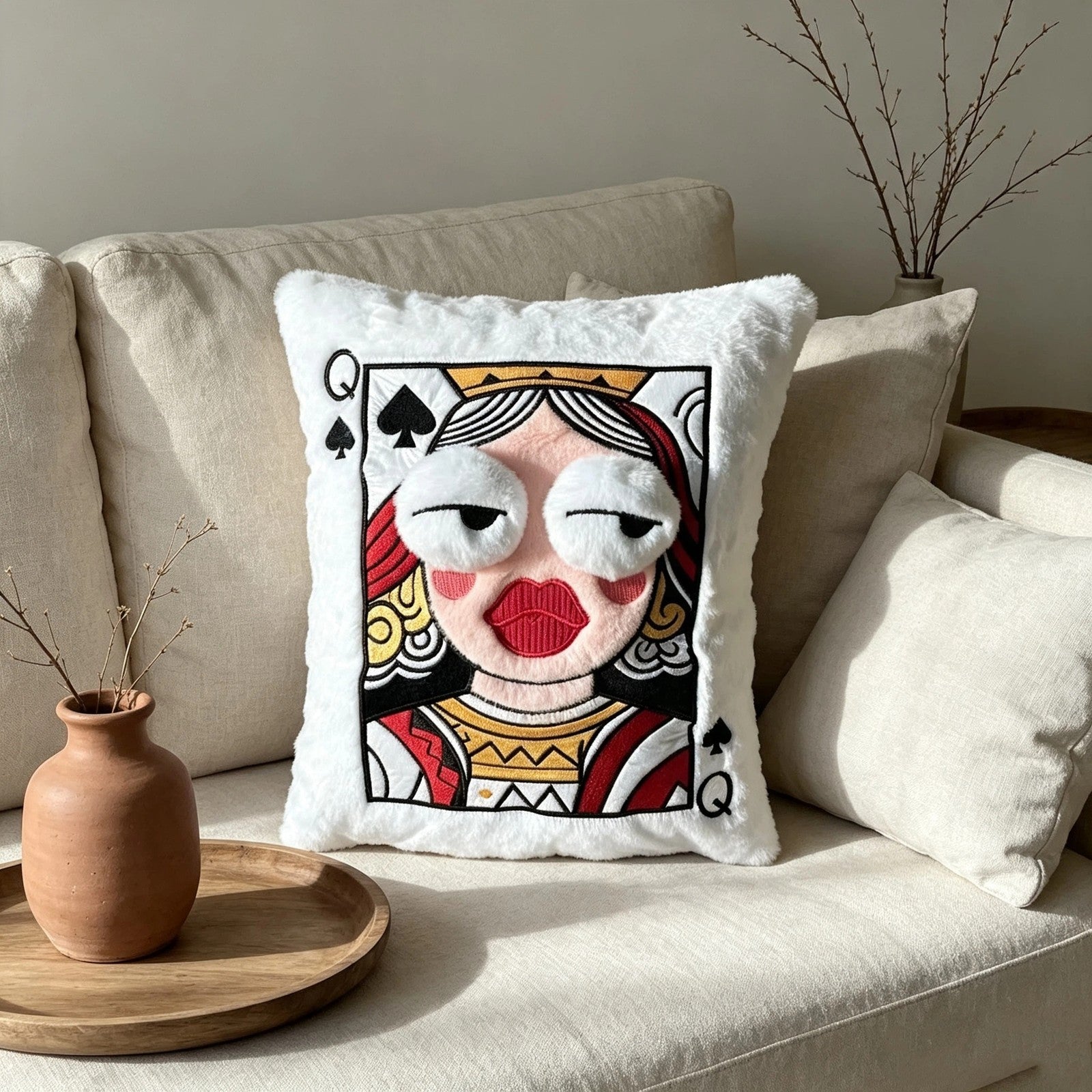 Adorable Plush Embroidered Poker Queen Cushion Soft Bed Pillow