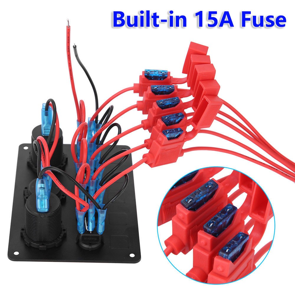 5 Gang 12V/24V Inline Fuse Box LED Switch Panel Dual USB Car Boat Truck Camper