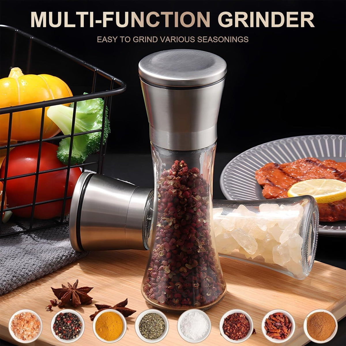 2x Pepper and Salt Grinder Set Mill Adjustable Stainless Steel Shaker Coarse NEW