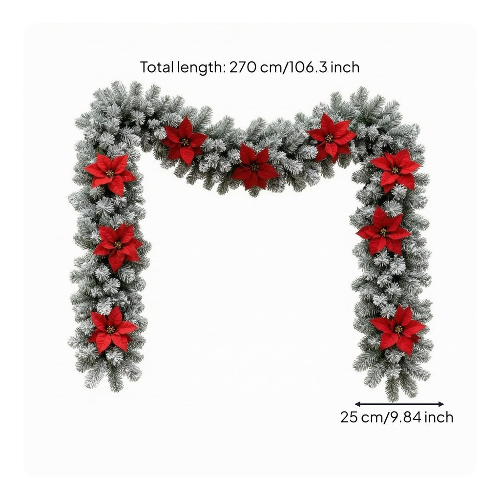 Fir Garland with Poinsettias Winter Decorations Flexible for Mantel