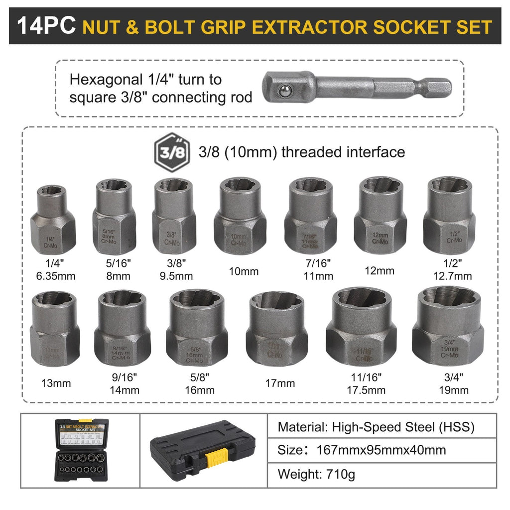 14PCS Bolt Extractor Impact Socket Set Dr Damaged/Rounded Nut Removal Tool