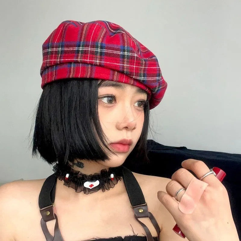 Women Striped Jacquard Beret Classic Casual Plaid Vintage Flat Top Painter Cap