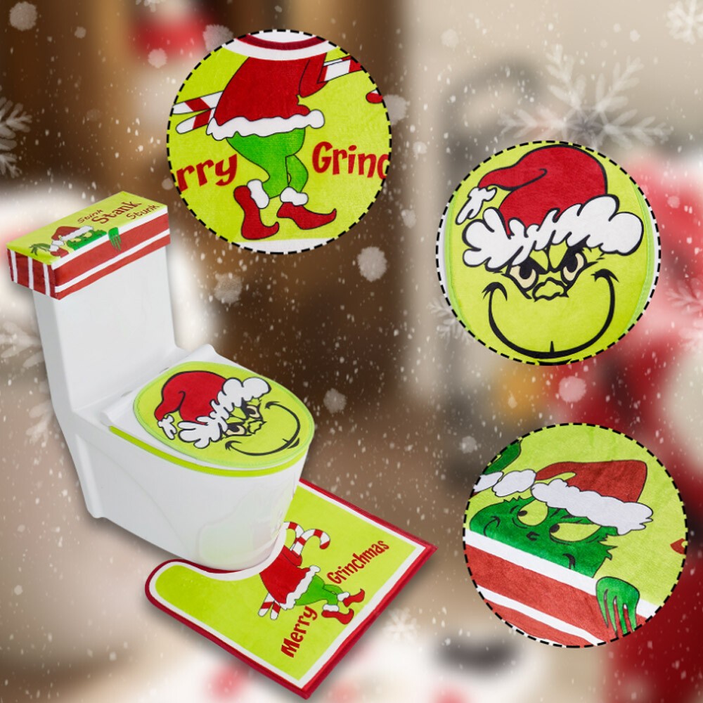 4PCS/Set Christmas Grinchs Decor Bathroom Toilet Pad Seat Cover-Rug for Bathroom