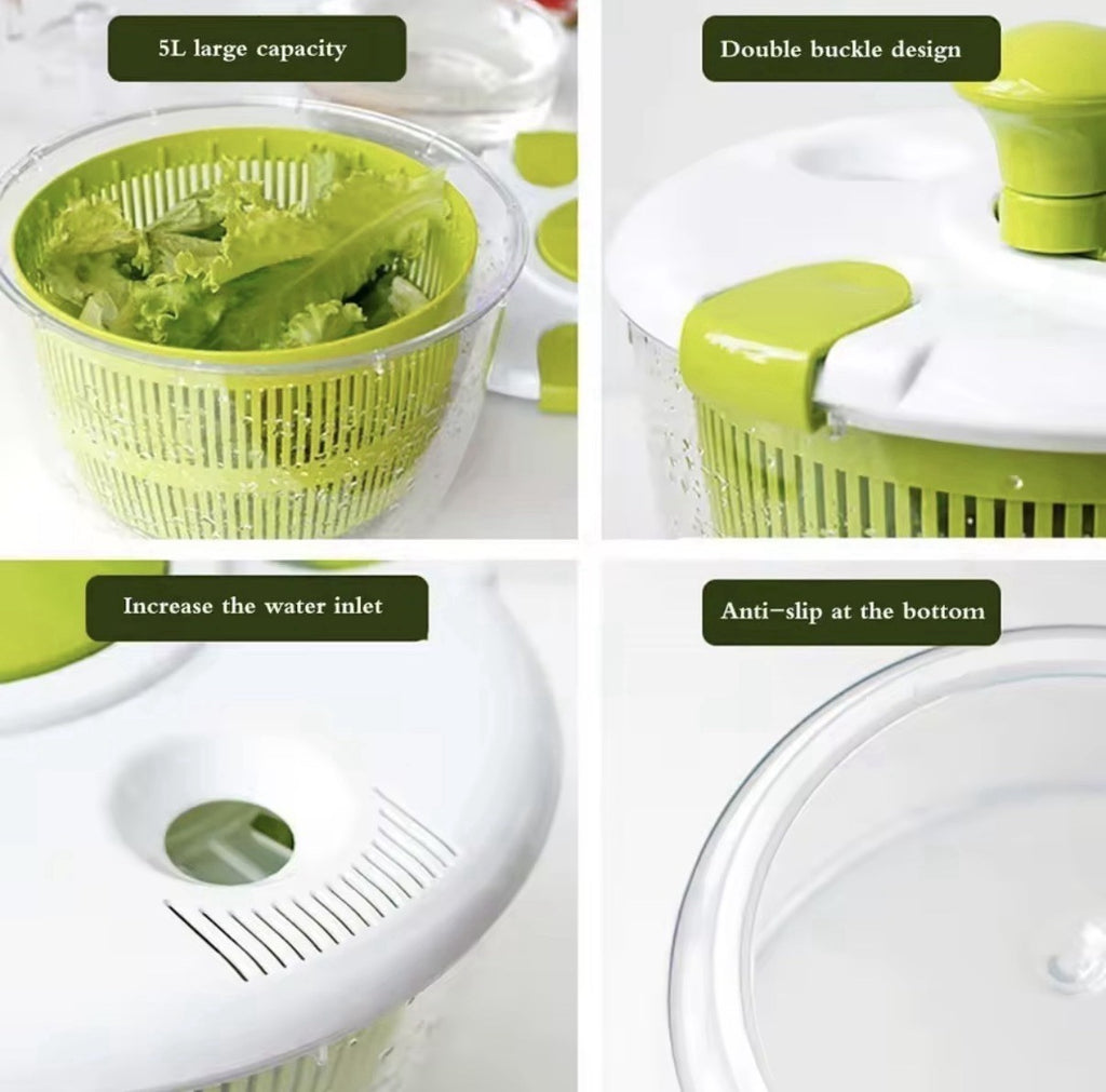 Manual Salad Spinner 5L Large Anti-Slip with Lid Bowl Basket Green/White/Clear