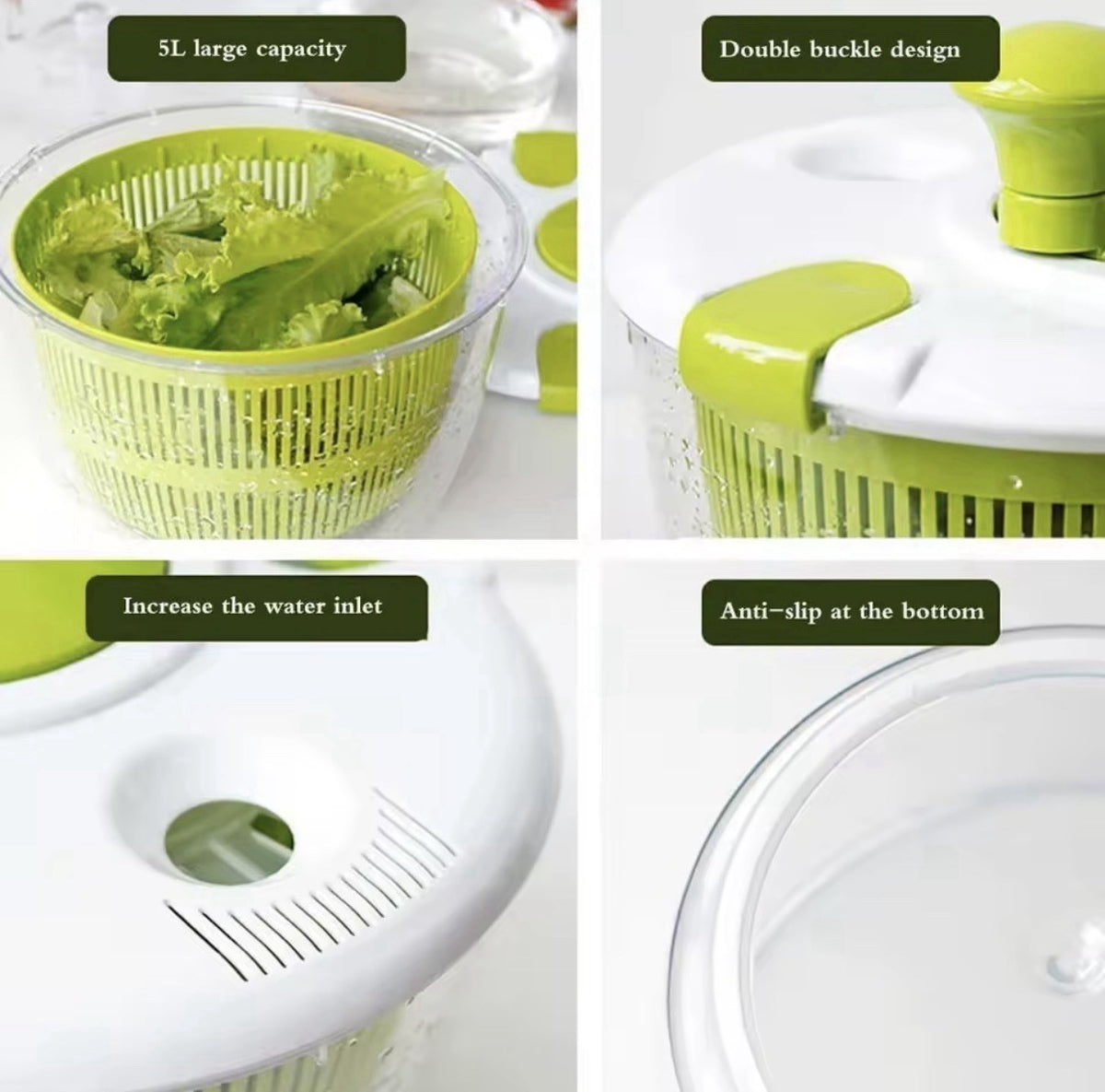 Manual Salad Spinner 5L Large Anti-Slip with Lid Bowl Basket Green/White/Clear